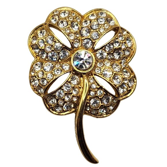 Vintage Swarovski Swan Signed Clover Brooch Gold Tone Rhinestone Shamrock Pin - Picture 2 of 7